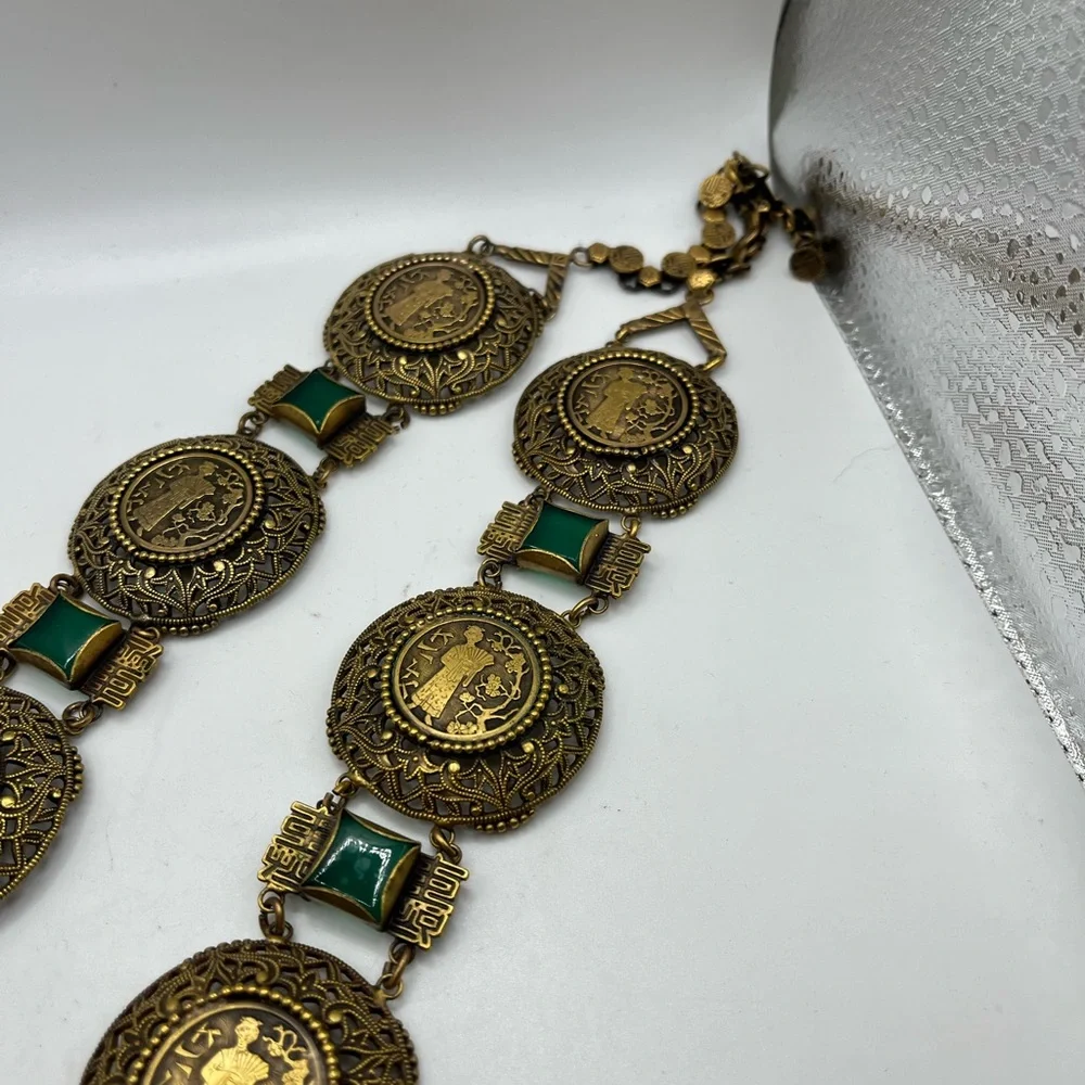 RARE Joseff Of Hollywood Necklace Asian Motif Faux Chrysoprase 32” long - Picture 6 of 14